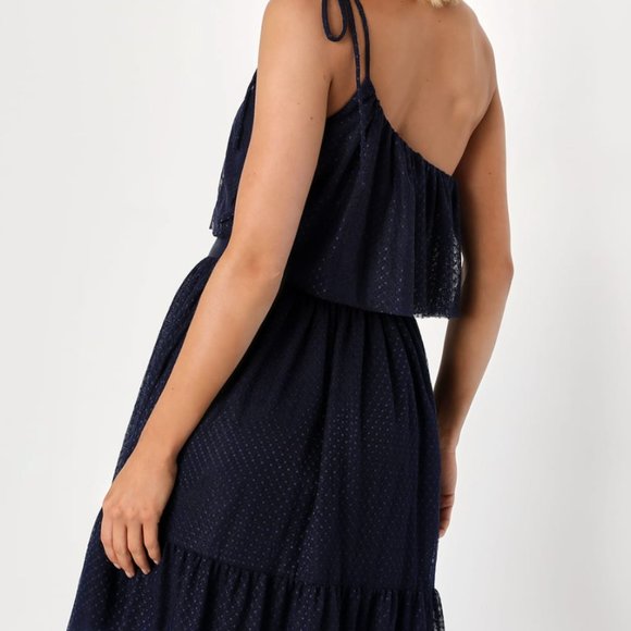 Lulu's Adorable Event Navy Blue Mesh One-Shoulder Swiss Dot Mini Dress - Picture 3 of 15